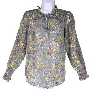 Alex & Lili Womens S Gray Floral Long Sleeve Bloomcore Blouse Smocked Yoke Cuffs